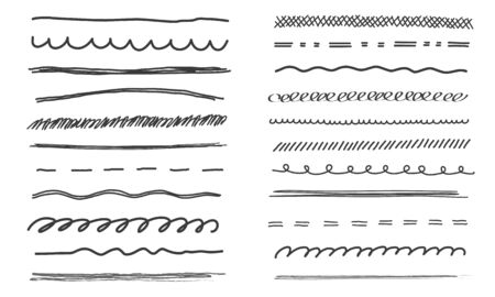 Set of various hand drawn black lines, scribble strokes and underlines as design elements, isolated on white backgroundのイラスト素材