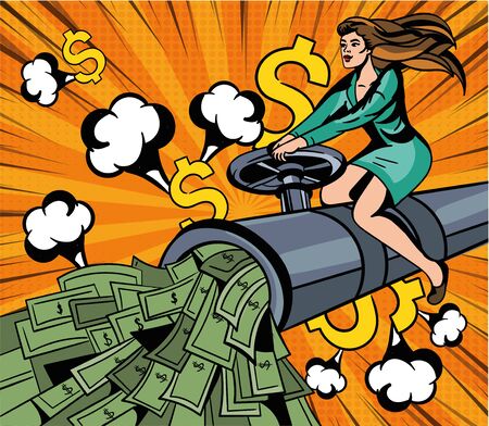 Woman riding a pipe disgorging dollar banknotesのイラスト素材