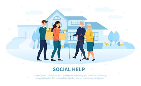 Young people providing Social Help to the elderly delivering bags of groceries to a senior couple in their garden, colored vector illustrationのイラスト素材
