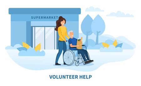 Social Volunteering concept with a young caucasian woman taking an elderly lady for a walk in a wheelchair in a park, colored vector illustrationのイラスト素材