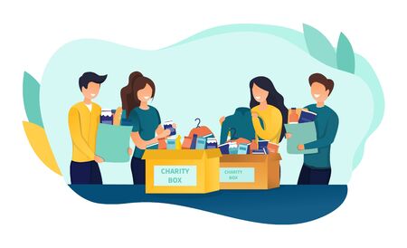 Diverse people Volunteering for Charitable work collecting items and bringing them to a central depot for distribution, colored vector illustrationのイラスト素材