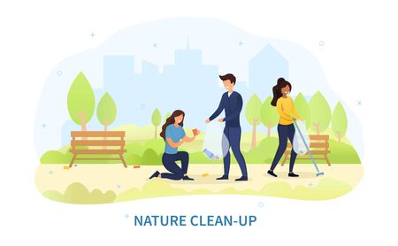 Group of diverse young people cleaning a parkのイラスト素材