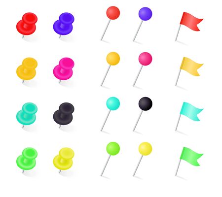 Large set of colorful flags, thumb tacks and pins on a white background with shadow at the base for design elements, colored vector illustrationのイラスト素材