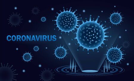 Coronavirus hologram design in blue shades showing floating virus molecules in a beam and text for the Covid-19 pandemic, colored vector illustrationのイラスト素材