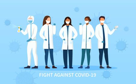 Frontline people in the Fight Against Covid-19 showing assorted health workers and a cleaner with sanitiser wearing face masks, colored vector illustrationのイラスト素材
