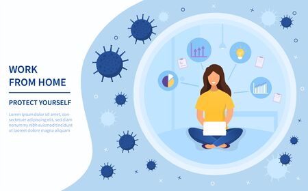 Woman Working From Home during Covid-19 pandemic using a laptop surrounded by floating virus molecules with copy space for text, colored vector illustrationのイラスト素材