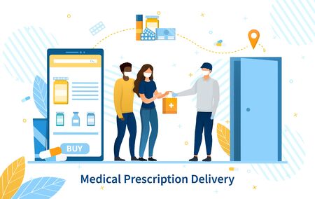 Online purchase of medication using a prescription on a mobile device and delivery to the door during the Covid-19 pandemic, colored vector illustrationのイラスト素材
