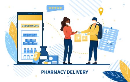 Online Pharmacy Delivery service with a deliveryman in a mask handing over packages to a young woman with mobile phone app showing medications during the Covid-19 pandemic, colored vector illustrationのイラスト素材