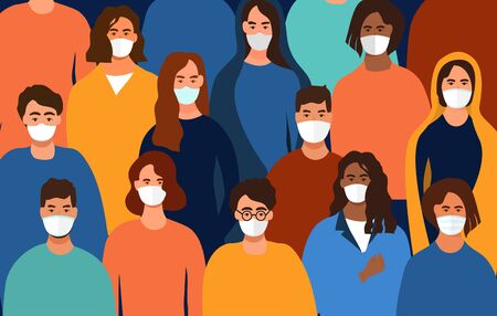 Colorful background of a group of diverse people wearing face masks during the Covid-19 pandemic facing towards the viewer, colored vector illustrationのイラスト素材