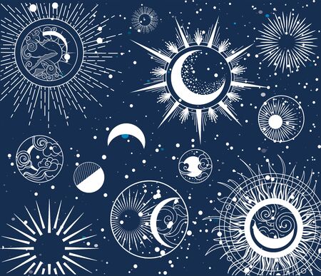 Decorative intricate background astrological pattern of the moon phases over a midnight blue background, colored vector illustrationのイラスト素材