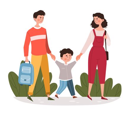 Parents walking their young son to schoolのイラスト素材