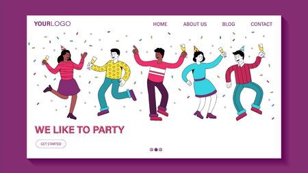 We Like to Party invitation or card design with a group of diverse happy friends celebrating and dancing in a purple frame, colored vector illustrationのイラスト素材