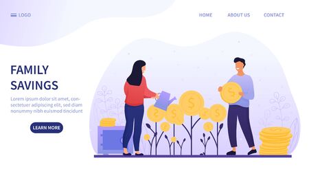 Family Savings and investment concept with a young couple planting and watering money plants with gold coins, colored vector illustrationのイラスト素材