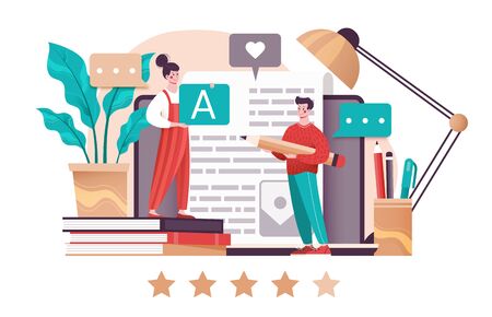 Copywriting and Blogging concept online with two young people standing on an open laptop, with latest blog post on screen holding a pencil and alphabet letters in an office, vector illustrationのイラスト素材