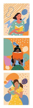 Set of three different designs girls reading books in a vertical triptych with white border, colored vector illustrationのイラスト素材