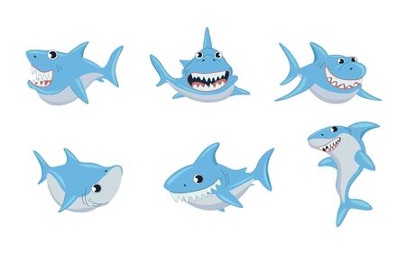 Set of six different cute blue shark cartoon characters showing their teeth while swimming underwater isolated on white, colored vector illustrationのイラスト素材