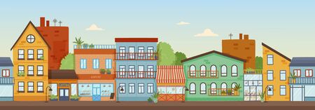 Panorama banner of a row of colorful facades of buildings in city under a sunny blue sky, colored vector illustrationのイラスト素材