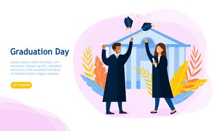 Graduation Day concept with rejoicing students as a young man and woman through their caps in the air in front of a school or university, colored vector illustrationのイラスト素材