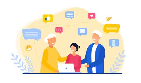 A young daughter or granddaughter helping grandparentsのイラスト素材