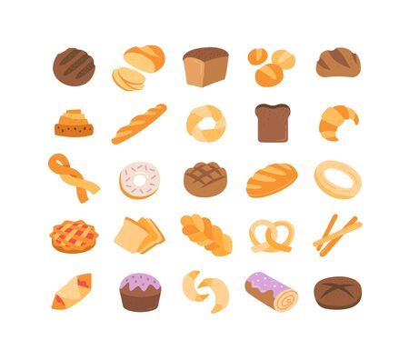 Large set of 25 colorful bread iconsのイラスト素材