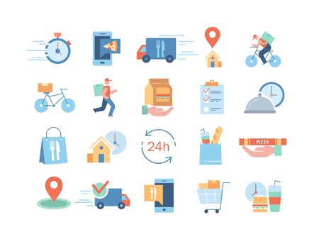 Large collection of 20 different colorful food delivery iconsのイラスト素材