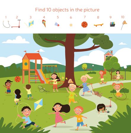 Happy children playing together in a green parkのイラスト素材