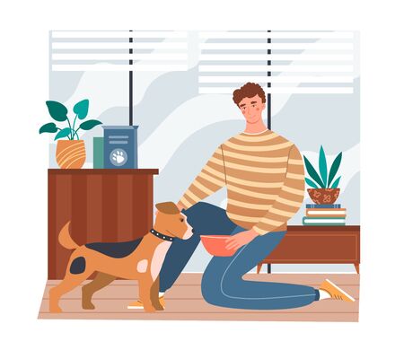 Young man feeding his pet dog at homeのイラスト素材