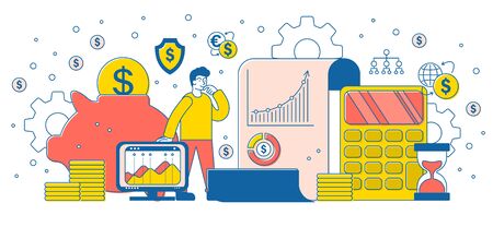 Man deciding on a choice of different investments with piggy bank, accounting, chart showing growth, online and banking with dollar signs and coins, colored vector illustrationのイラスト素材