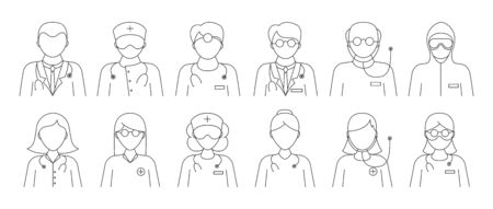 Large set of 12 black and white line drawn doctor icons showing assorted uniforms, scrubs, with and without masks and stethoscopes, vector illustrationのイラスト素材