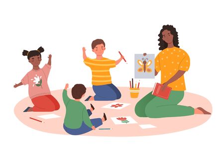 Teacher showing to the kids a hand-drawn butterflyのイラスト素材