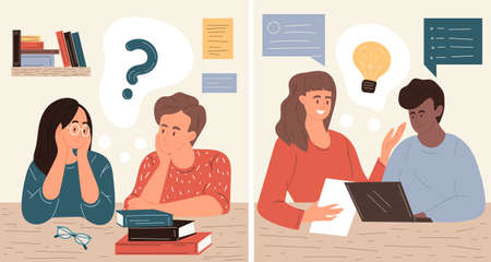 Young couple solving a problem with them sitting at a laptop computer below a Question mark and then a Light bulb as they find their answer, colored vector illustrationのイラスト素材