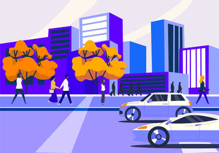 Brightly colored cartoon city street scene with traffic in the road and pedestrians walking in front of a cityscape, colored vector illustrationのイラスト素材
