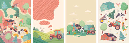 Set of four farming and agriculture designs with three scenes showing various farming activities - a tractor, farmyard and dairy - and one set of isolated icons, colored vector illustrationのイラスト素材