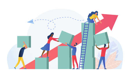 Composition with group of multiracial employees, managers or office workers moving boxes to assemble towers. Concept of teamwork, team building and building successful business. Vector illustration.のイラスト素材
