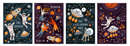 Set of four Space Exploration poster designs with rockets, spaceships, aliens, astronauts and the constellations with assorted text, colored vector illustrationのイラスト素材