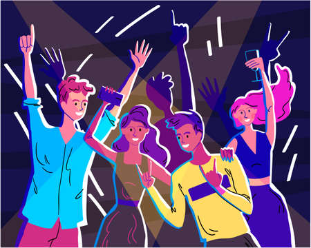 Happy crowd of young people is having fun at a disco or party