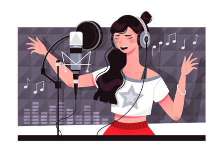 Young caucasian vocalist recording a sound track at a music studio with a woman standing in front of a microphone singing, colored vector illustrationのイラスト素材