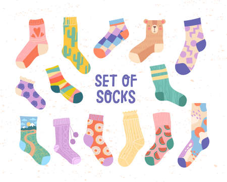 Large set of socks with colorful patterns isolated on white, colored vector illustrationのイラスト素材