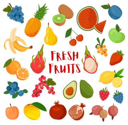 Large collection of colorful cartoon Fresh Fruit around central text isolated on white for design elements or nutrition themes, colored vector illustrationのイラスト素材