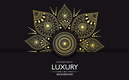 Ornate gold Luxury mandala with intricate pattern over a black background with text, colored vector illustrationのイラスト素材