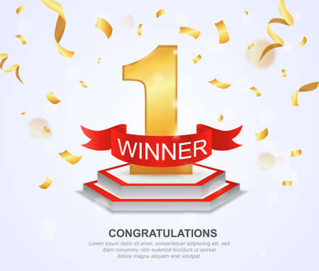Winner concept with gold number 1 championship trophy with red banner and text on white with floating gold ribbons and Congratulations text below, colored vector illustrationのイラスト素材