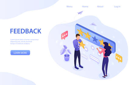 Feedback concept with a man and woman using a five gold star rating for excellence with copyspace for text alongside, colored vector illustrationのイラスト素材