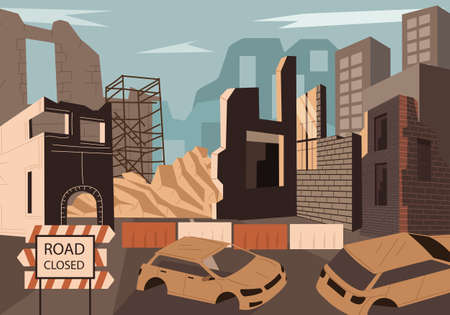 Destroyed town with demolished buildingsのイラスト素材