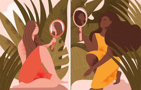 Two scenes showing woman holding mirrors in natureの写真素材