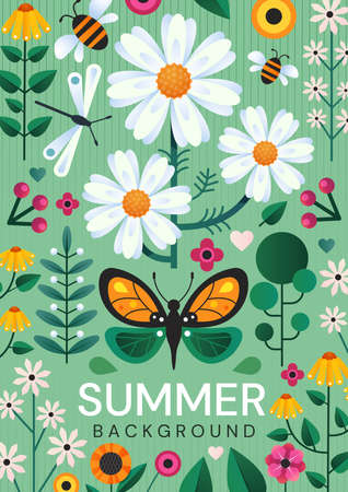 Summer poster design with colorful wild flowersのイラスト素材