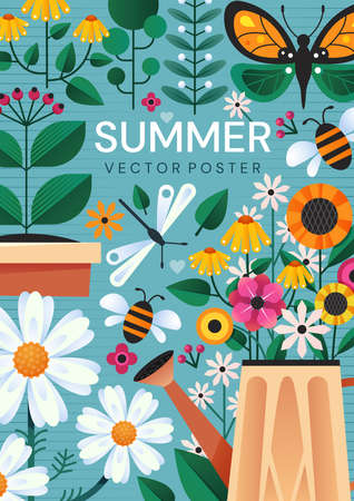 Summer poster with garden flowers and insectsのイラスト素材