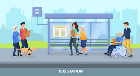 Young people helping erderly at the bus stationのイラスト素材