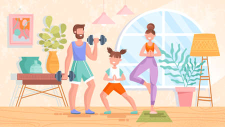 Fit healthy young family training or exercisingのイラスト素材