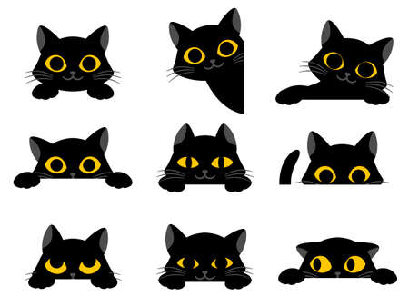 Set of cute black cartoon cats with yellow eyesのイラスト素材
