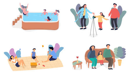 Vector illustration of set of families on vacationのイラスト素材